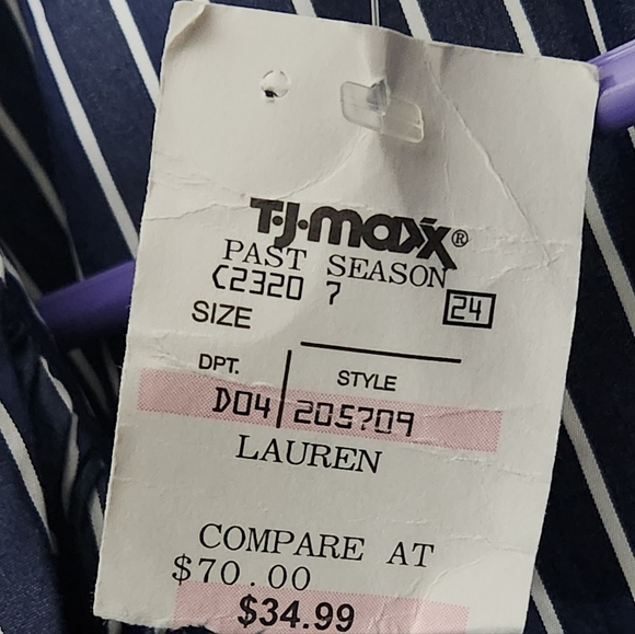 Lauren Ralph Lauren Women's white/blue stripe short sleeve ruffled front blouse - Picture 6 of 6